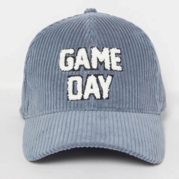 Dusty Blue Corduroy Sherpa Game Day Lettered Baseball Cap Women's Hat - Picture 1 of 4